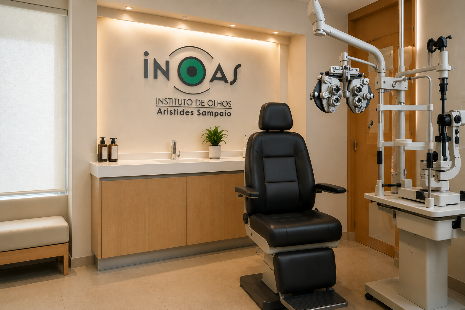 Médico oftalmologista realizando exame em paciente no INOAS